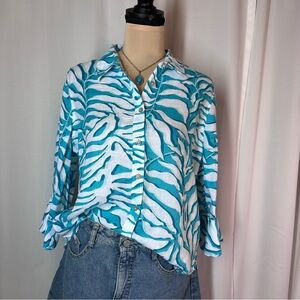 Chico’s Tunic Sz 0.5 (6) 100% Linen ButtonUp Shirt Top Blouse Foliage Bohemian